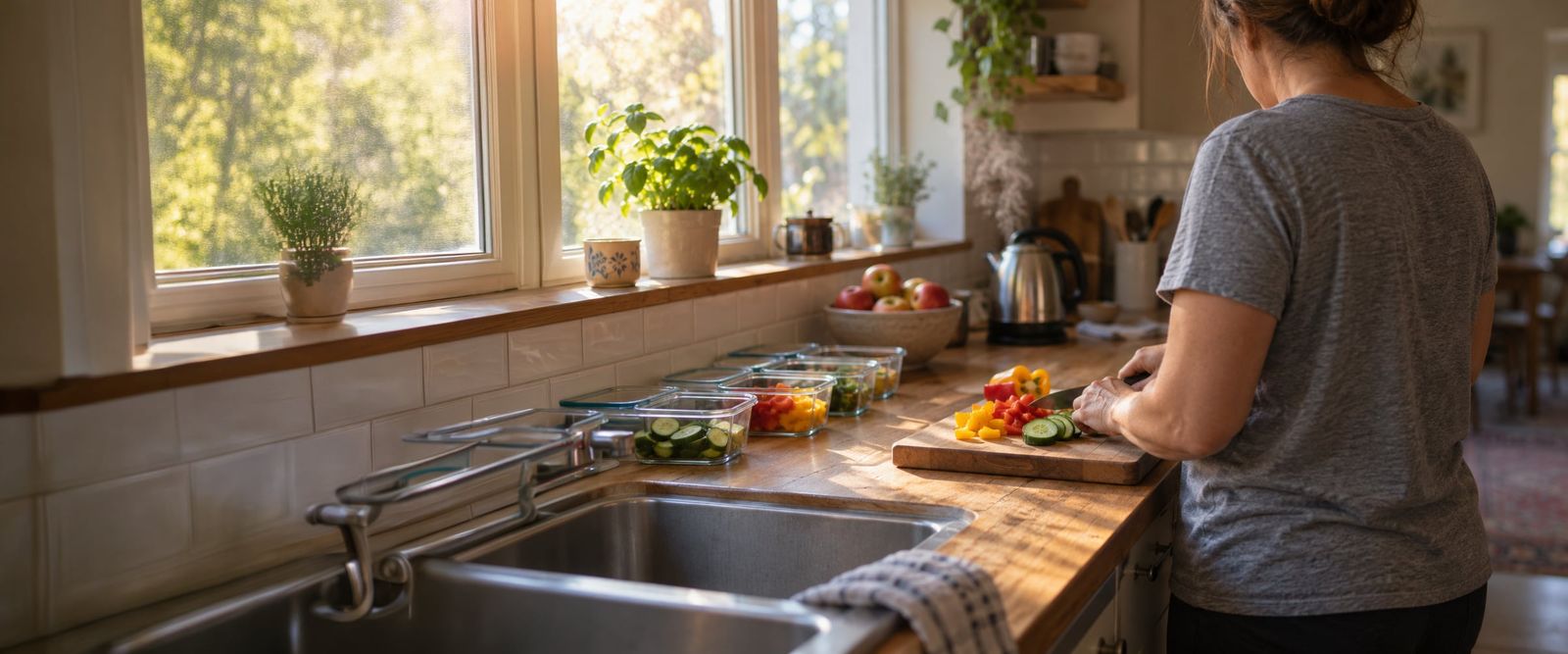 An adult at a sunlit kitchen counter in the morning, slicing fresh vegetables beside a row of meal containers
