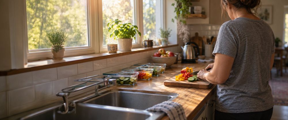 An adult at a sunlit kitchen counter in the morning, slicing fresh vegetables beside a row of meal containers