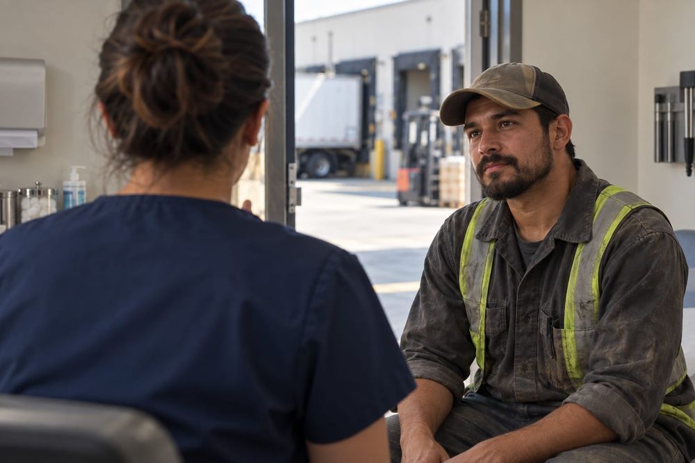 A clinician in scrubs, seen from behind, talking with a worker in a cap at a doorway