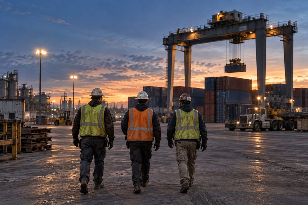 Workers in safety vests walking across an industrial yard at dusk