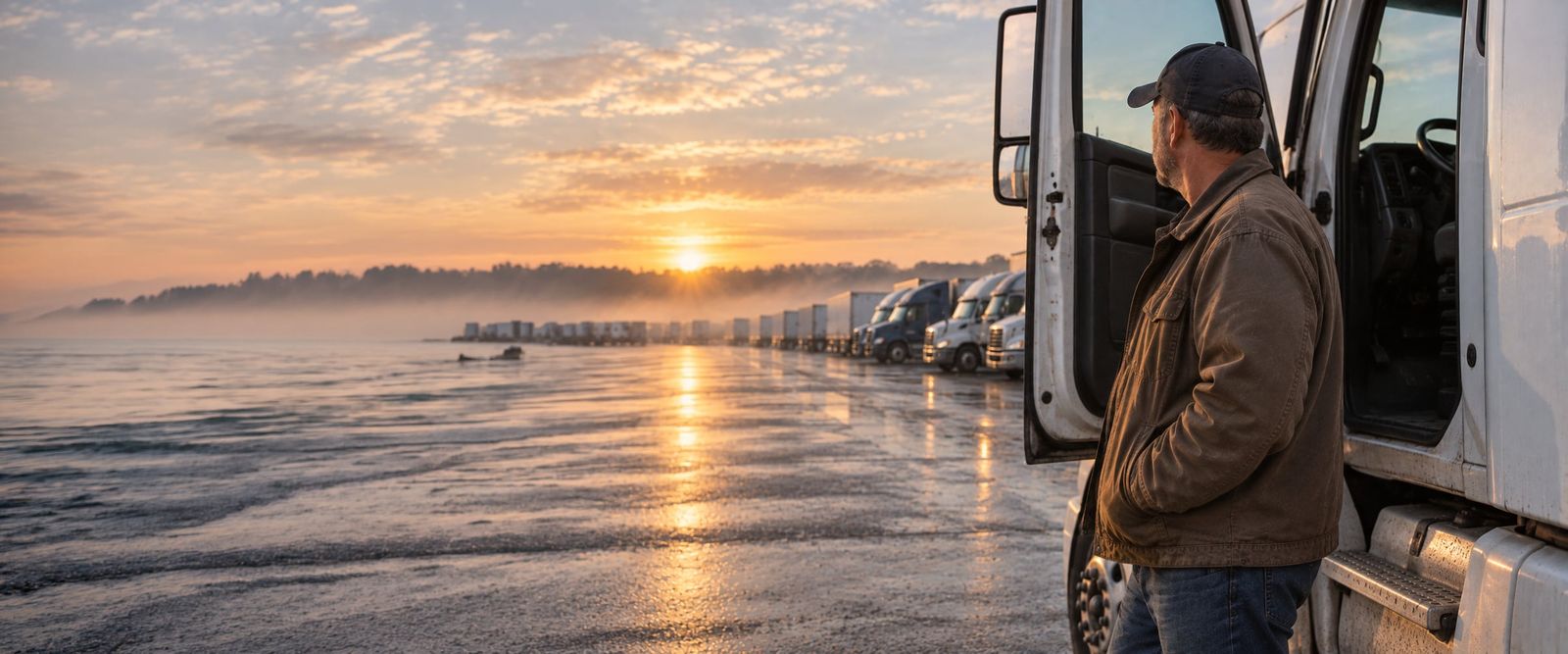 A truck driver standing beside the open door of a semi cab at a freight terminal in the morning