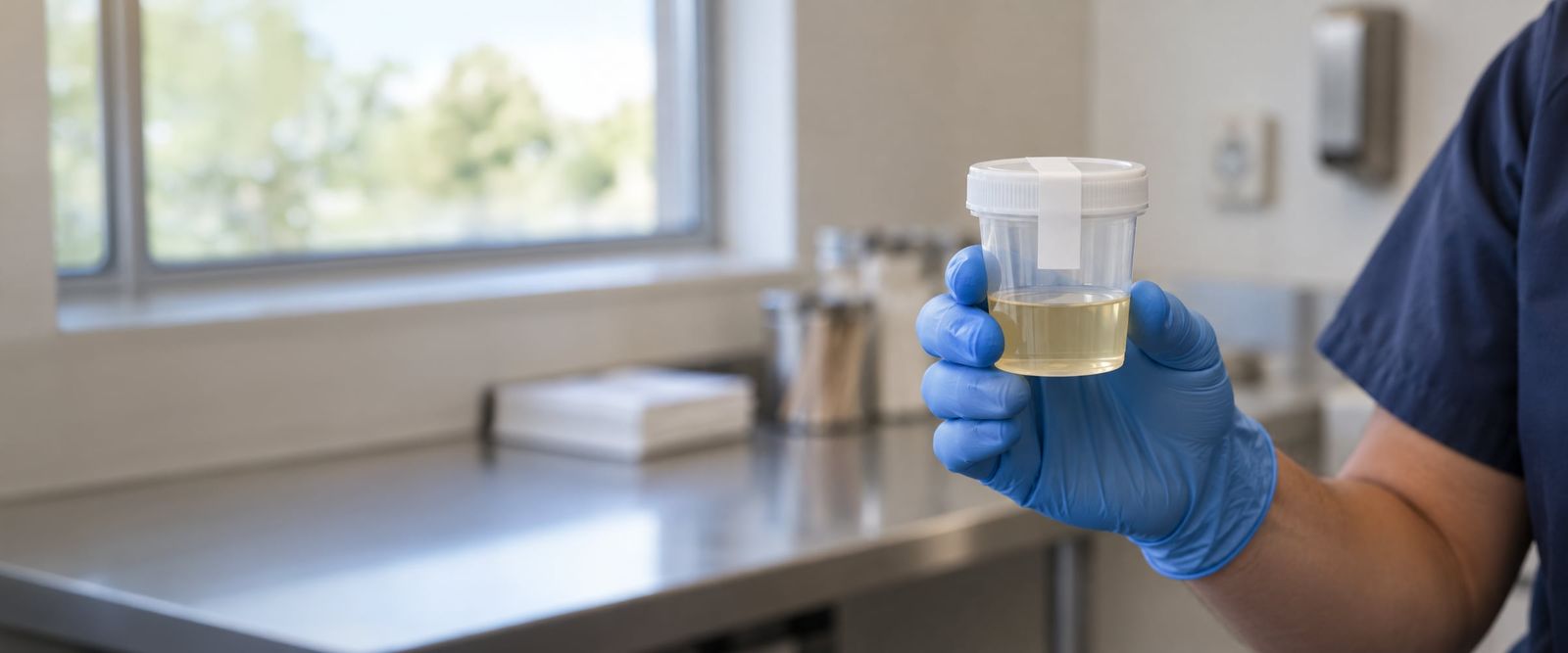A gloved hand holding a sealed specimen cup