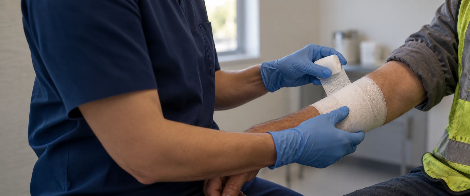 Gloved hands wrapping a bandage around a worker's forearm