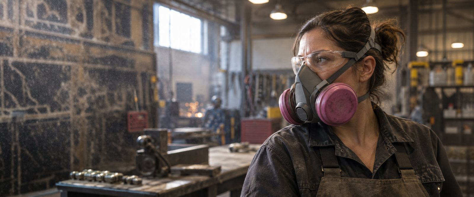 A worker wearing a half-face respirator and safety glasses in a workshop