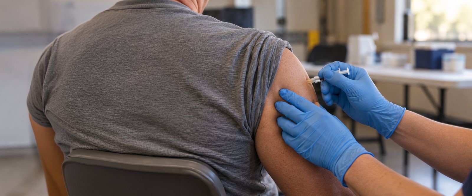 Gloved hands giving an injection in the upper arm of an adult with a rolled-up sleeve