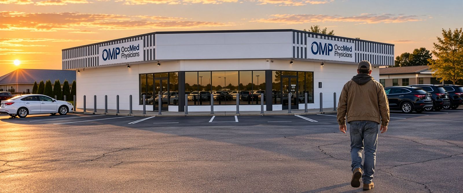 The OMP clinic building at sunset, with a worker in a jacket and cap, seen from behind, walking across the lot toward the entrance