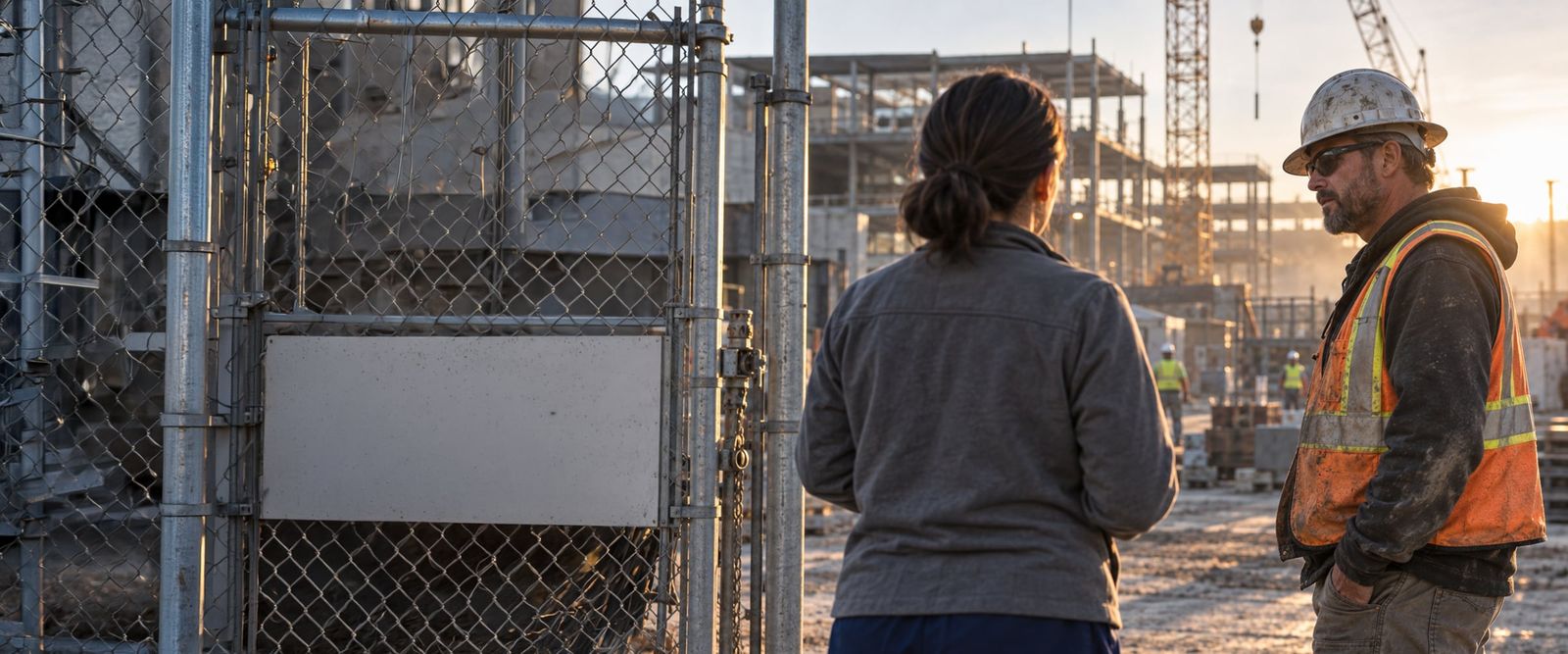 A clinician in scrubs, seen from behind, talking with a worker in a hard hat at a job-site gate