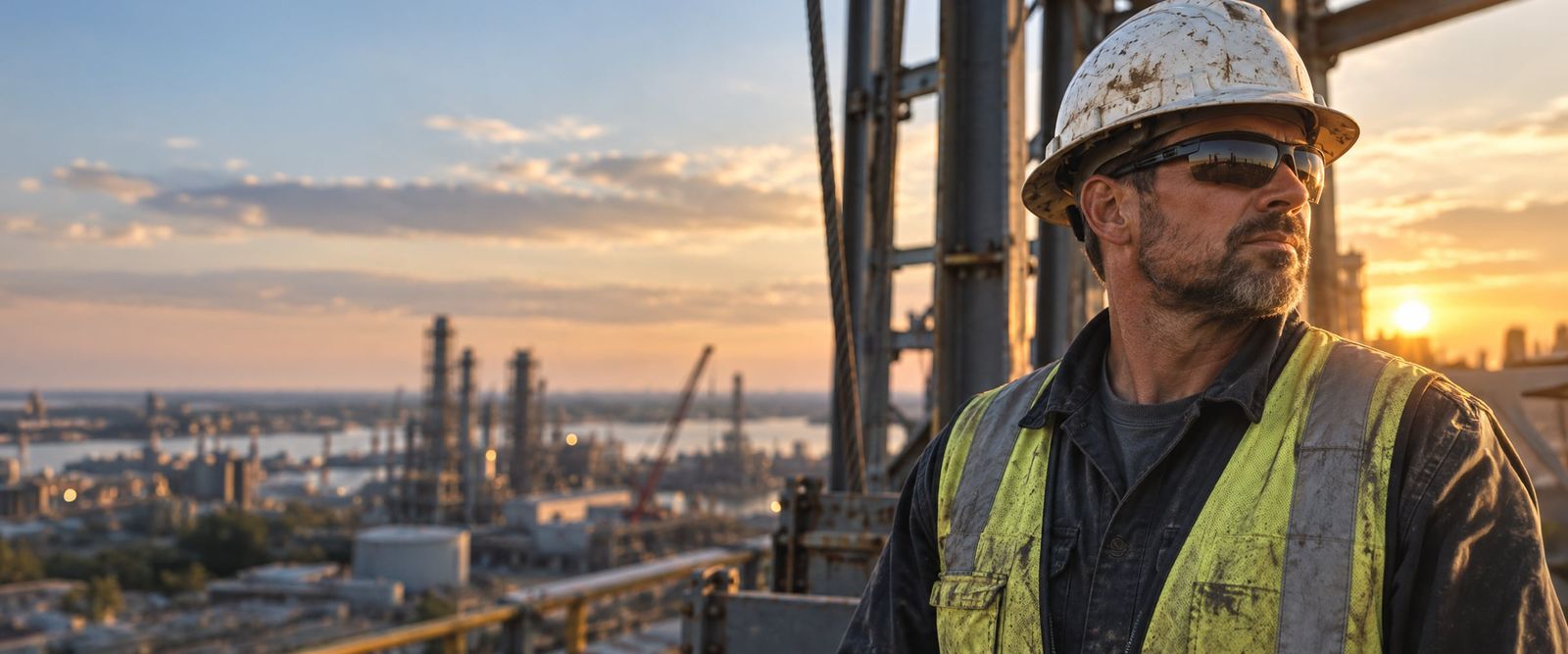 A worker in a hard hat and safety vest on a steel structure at sunset