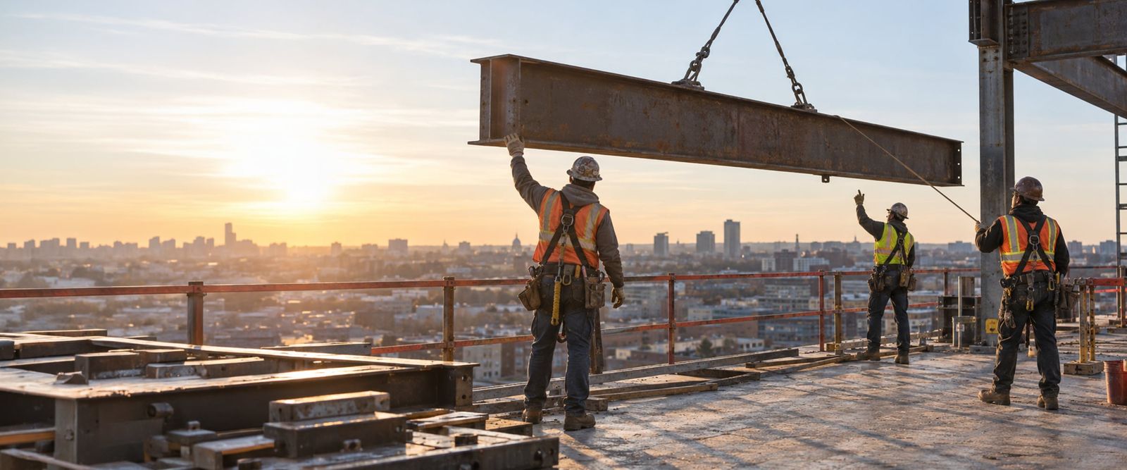 Workers in hard hats and safety vests guiding a steel beam on the deck of a building under construction at sunrise