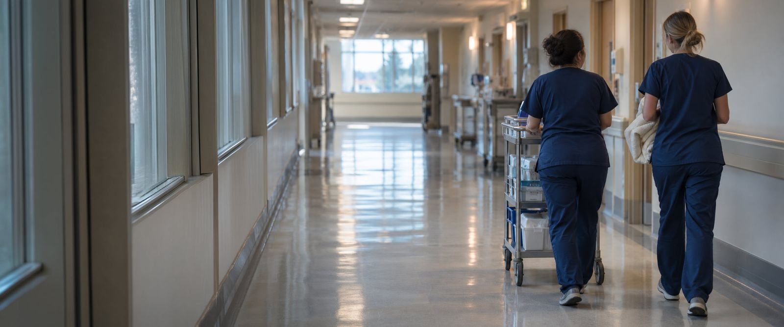 Two nurses in scrubs, seen from behind, walking down a bright hospital corridor at the start of a shift