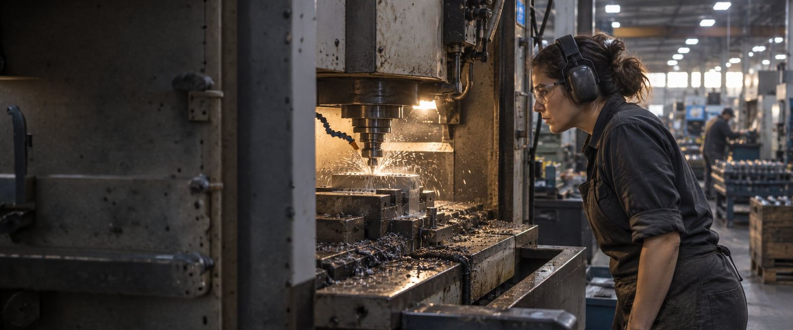 A machine operator in safety glasses and hearing protection watching a metalworking machine on a plant floor