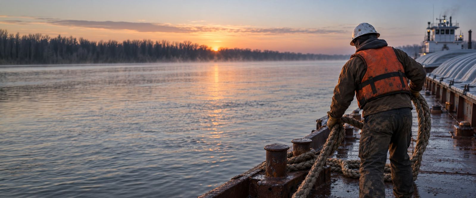 A deckhand in a life vest and hard hat handling a mooring line on a barge on a wide river at dawn