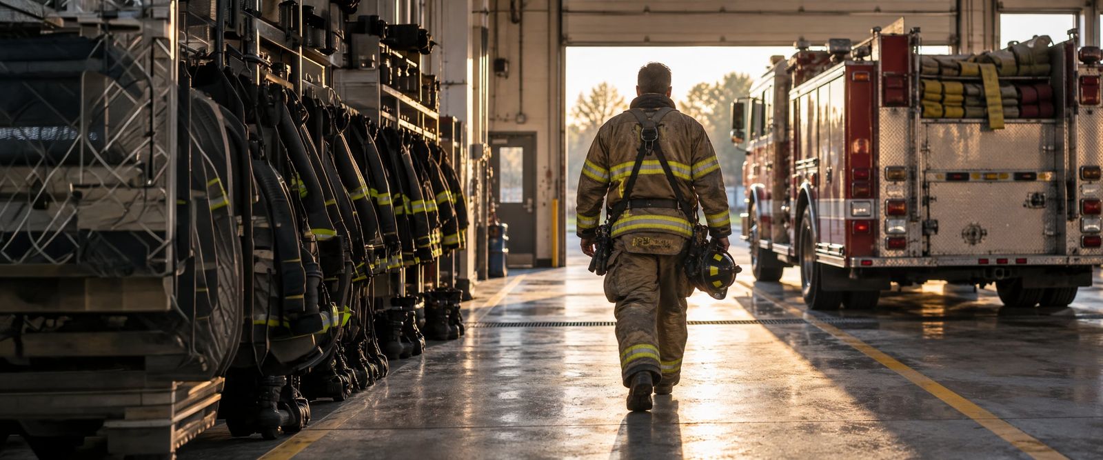 A firefighter in turnout gear walking toward an engine in an open station bay