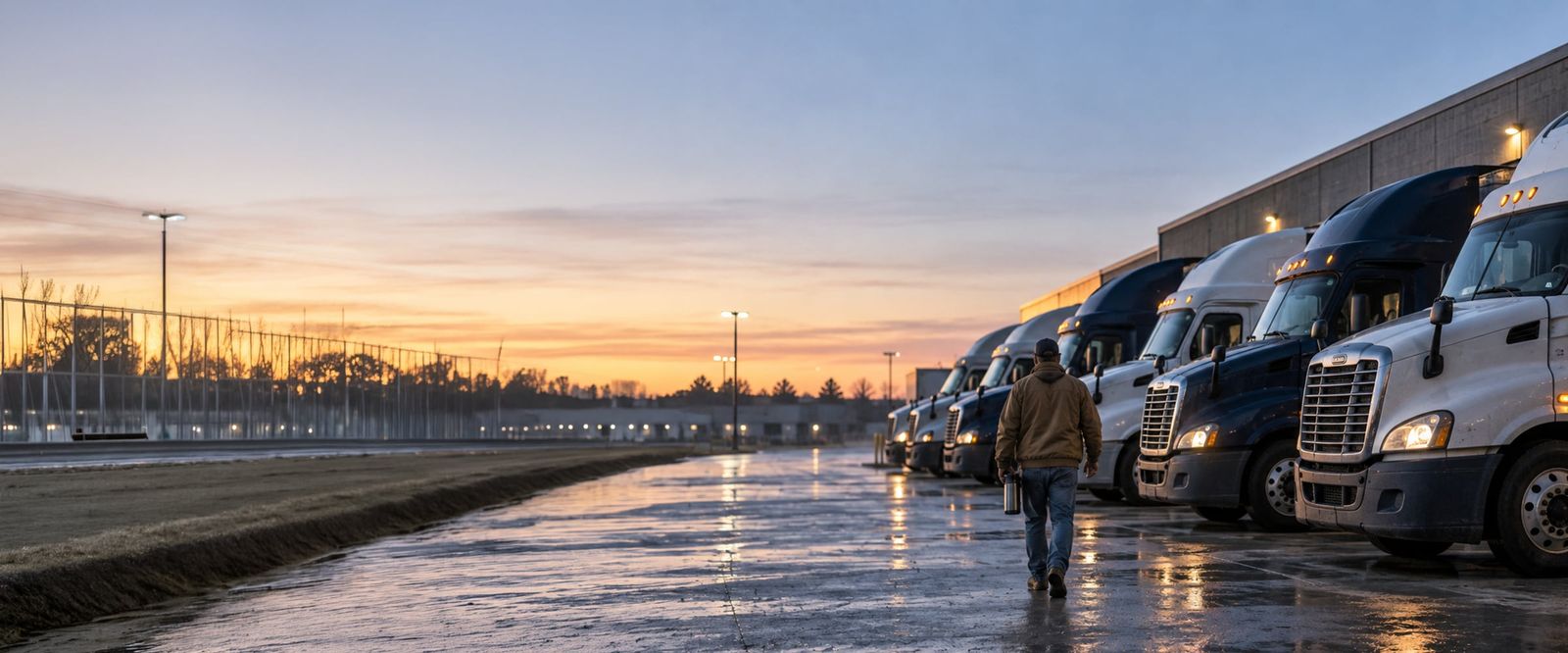 A driver walking toward a row of semi trucks at a distribution terminal at dawn