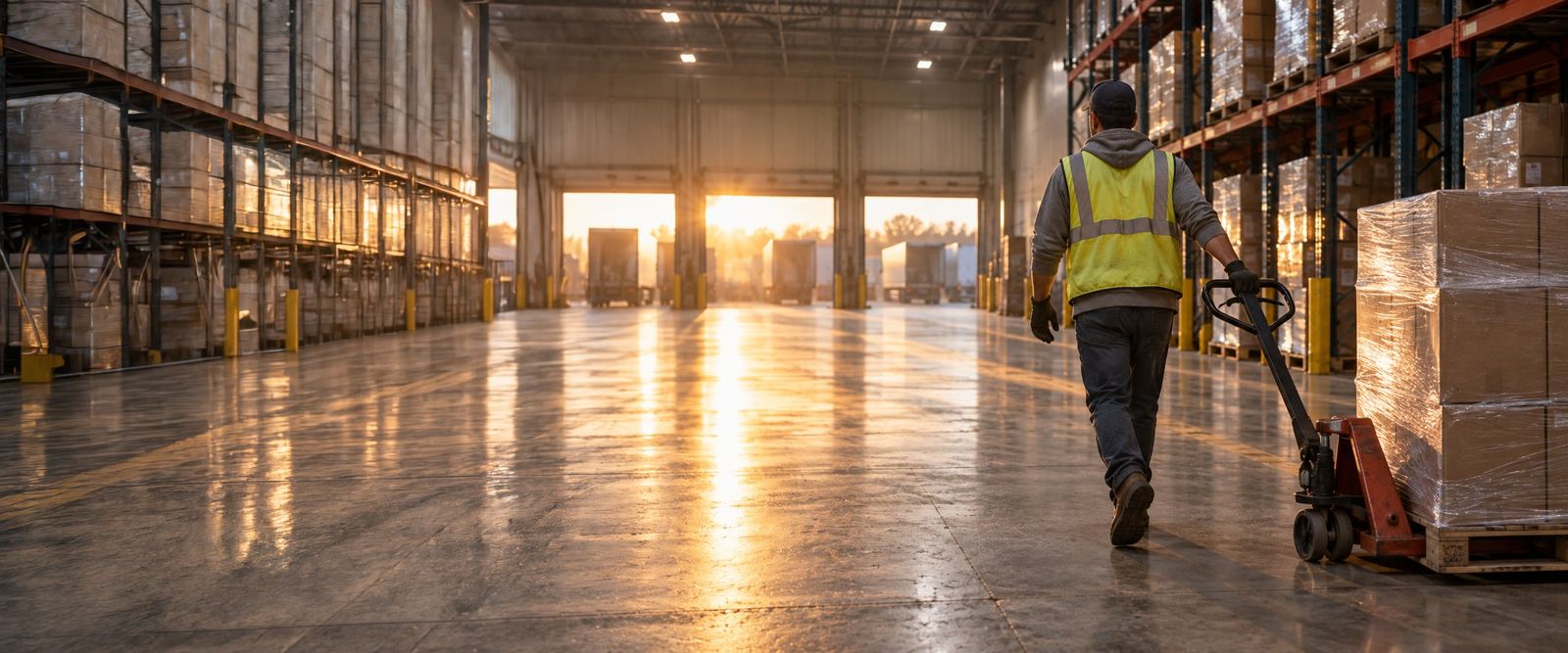 A warehouse worker in a safety vest pulling a loaded pallet jack down an aisle toward open dock doors