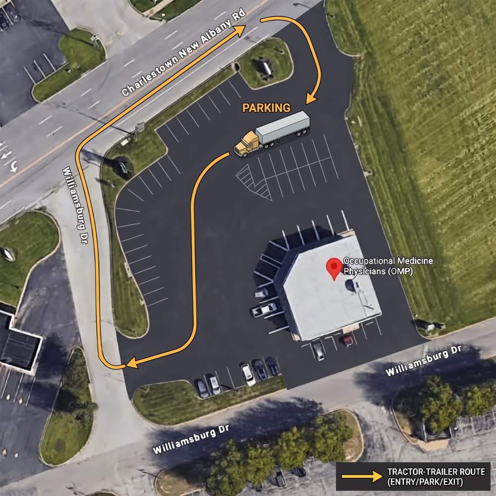 Aerial view of the OMP parking lot with the tractor-trailer route marked: in from Charlestown New Albany Road, park, and out to Williamsburg Drive