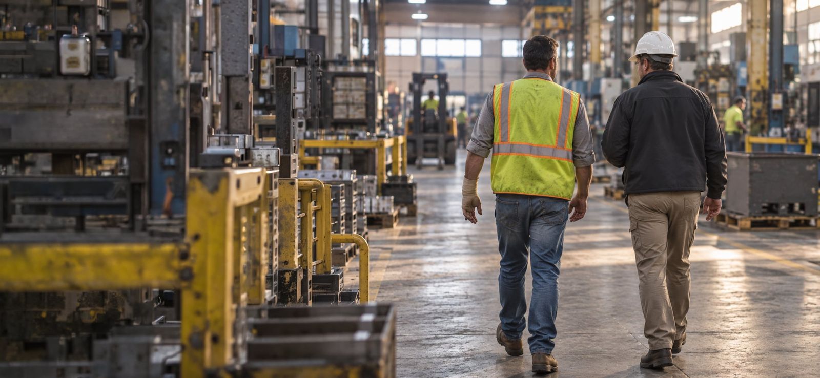 A worker in a safety vest and a supervisor in a hard hat walking side by side across a plant floor