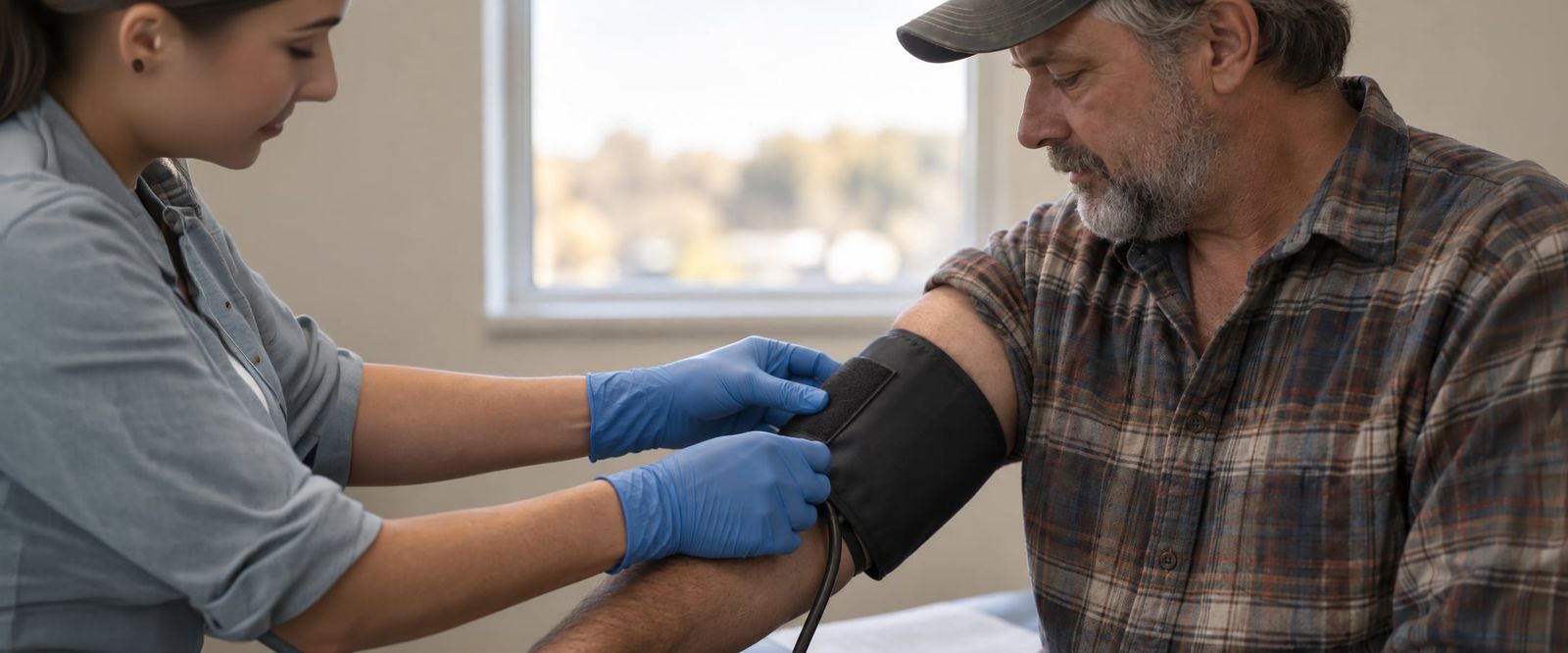 A driver in a plaid shirt seated on an exam table with a blood pressure cuff on his arm
