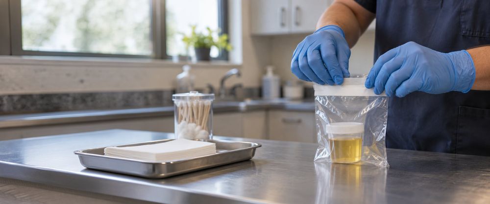 Gloved hands sealing a clear specimen bag on a steel counter