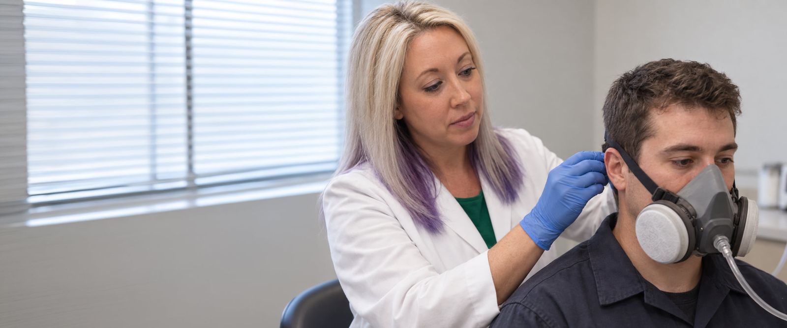 A clinician adjusting the strap of a half-face respirator with a sampling tube on a seated worker