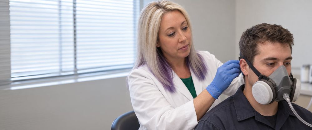 A clinician adjusting the strap of a half-face respirator with a sampling tube on a seated worker