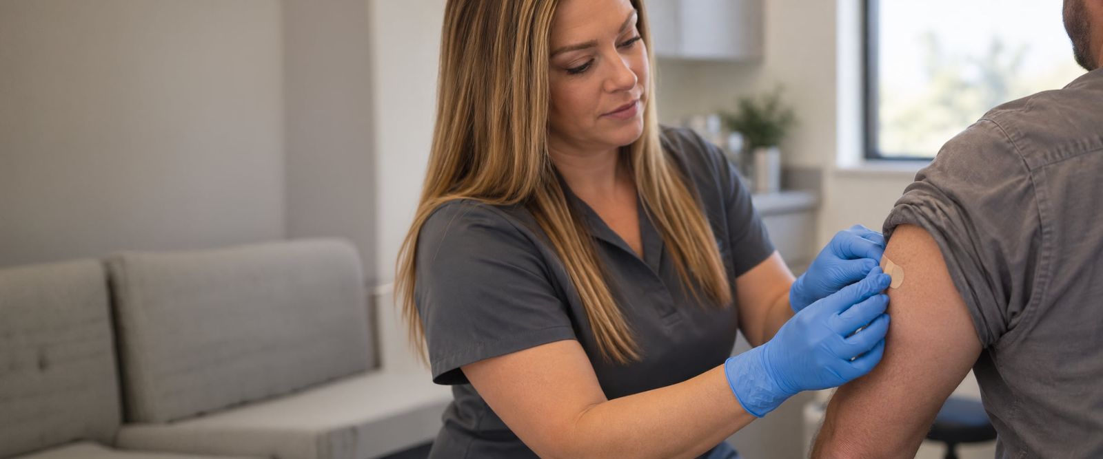 A clinician in scrubs pressing a small bandage onto the upper arm of an adult in a rolled-up shirt