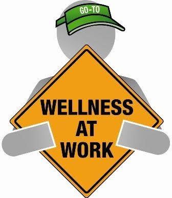Illustration of a figure in a visor holding a sign that reads Wellness at Work